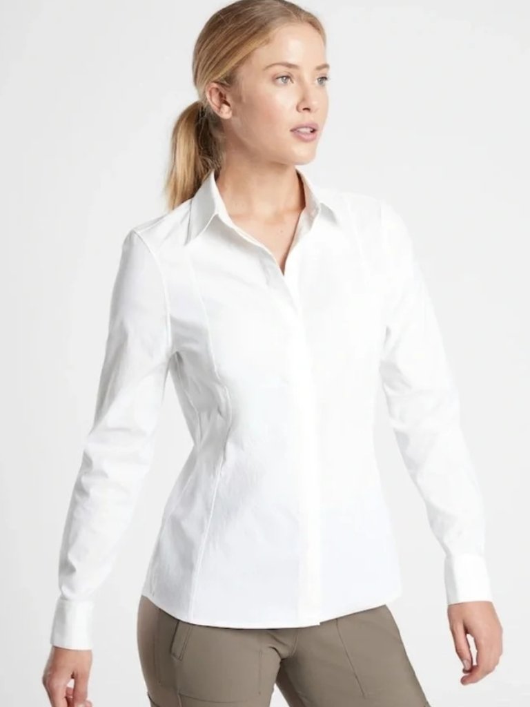 Athleta Midtown Button Front Long Sleeve White Top Shirt Blouse Medium Collared